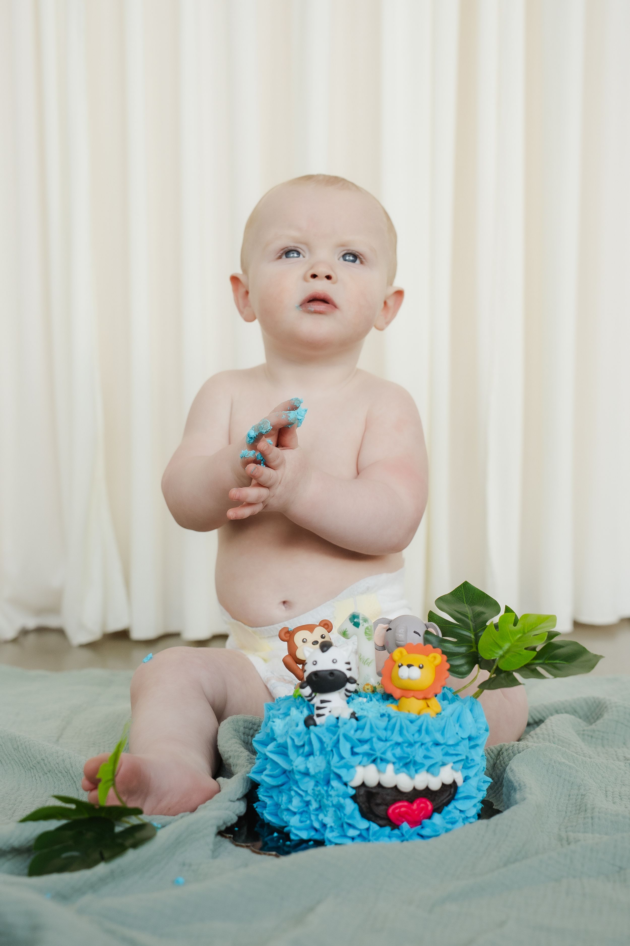 Baby sitting on mint green blanket with blue frosted cake and colorful jungle animal toys for cake smash photoshoot.