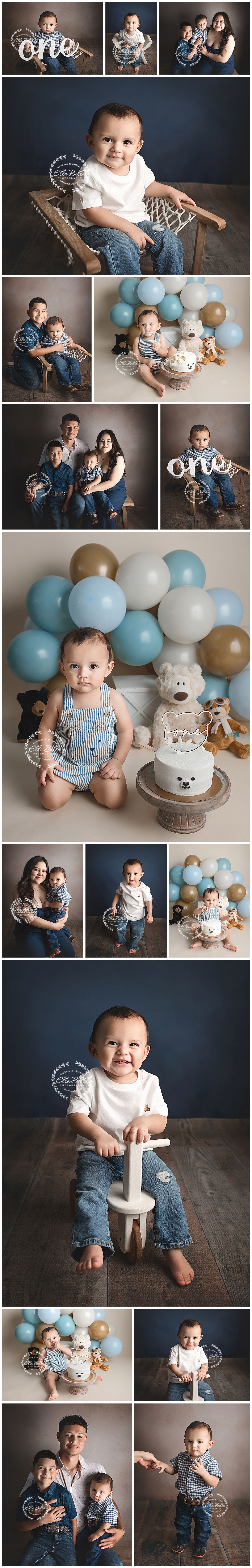 First birthday photoshoot featuring blue and gold balloons, teddy bear decorations, and a smiling baby in various poses.