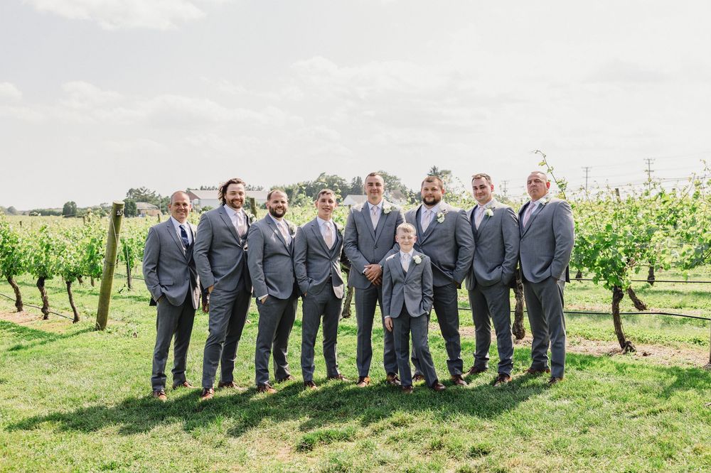 Wedding party in grey suits poses together in vineyard setting.