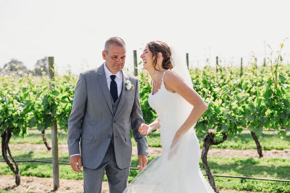 Wedding party poses between rows of grapevines on sunny afternoon.