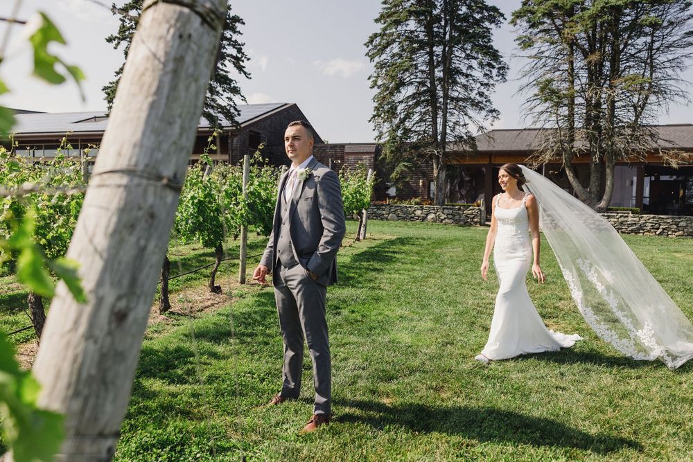 A wedding couple walks through rows of grapevines at a winery on their special day.