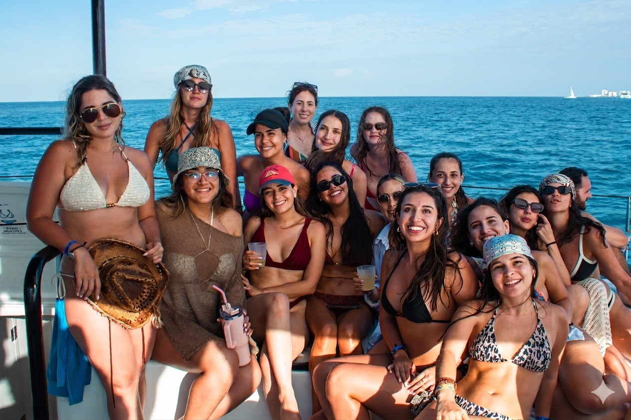 A large group of women in swimwear smiling together on a boat with ocean views in the background.