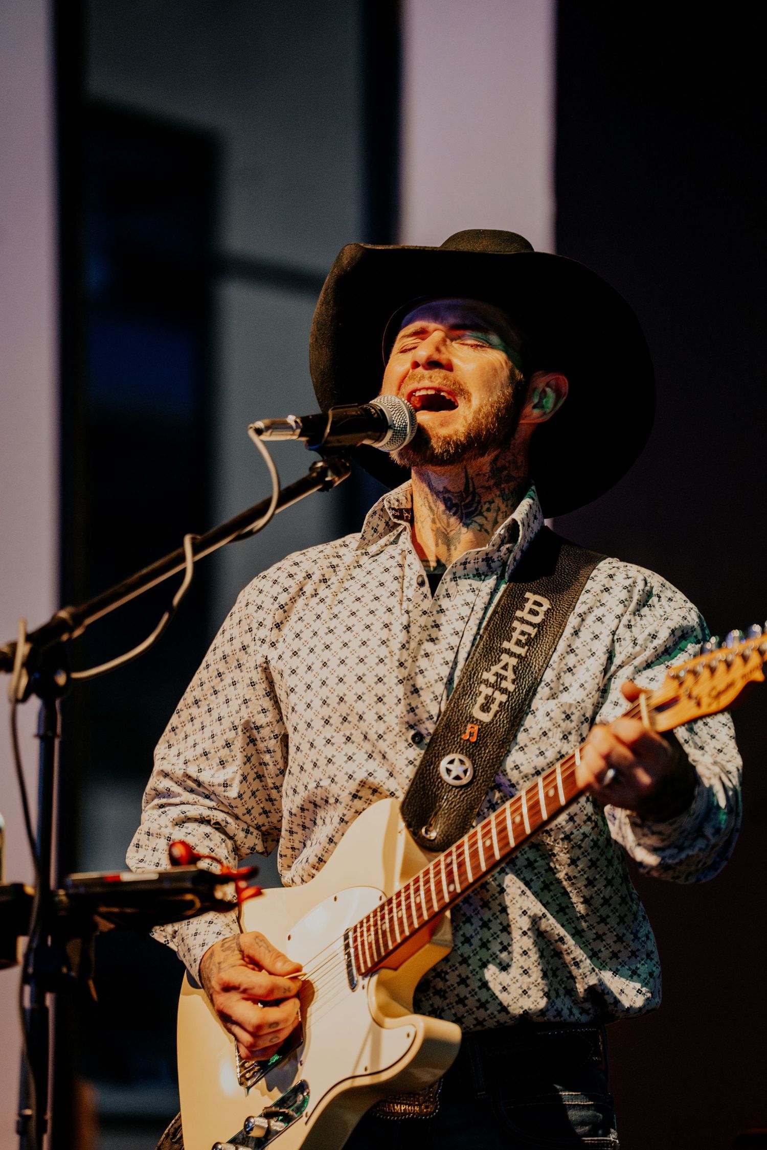Country musician in a patterned shirt plays guitar and sings passionately on stage during a live performance.