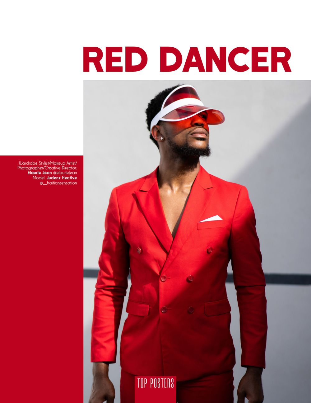 Fashion editorial titled Red Dancer featuring model in bright red blazer and visor against grey background.