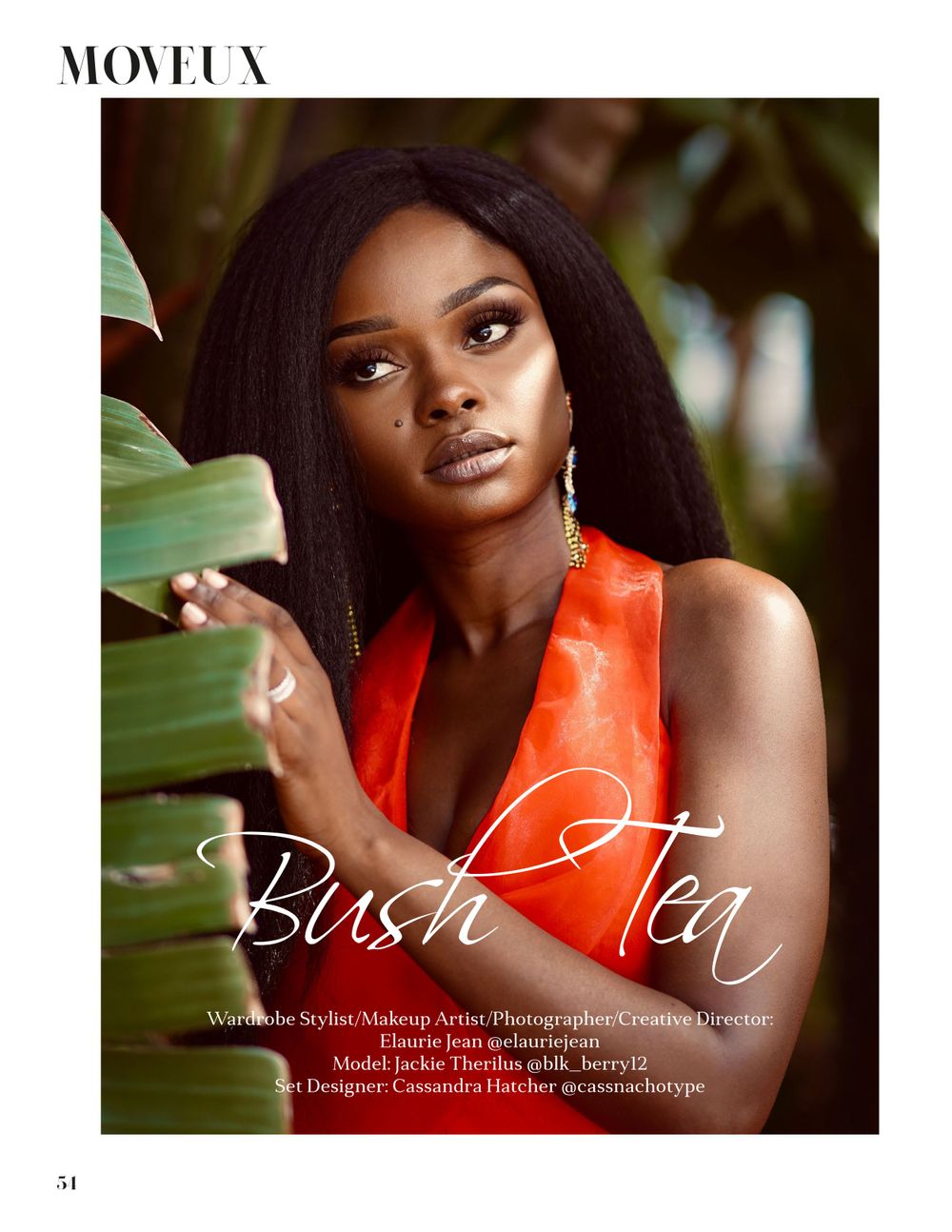 Fashion magazine cover featuring elegant model in red dress against tropical foliage background.
