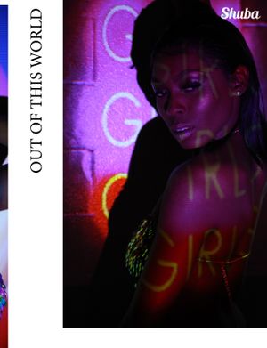 Moody portrait with purple neon lighting and text overlay.