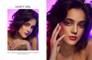 Fashion beauty portraits with dramatic purple lighting and soft makeup look.