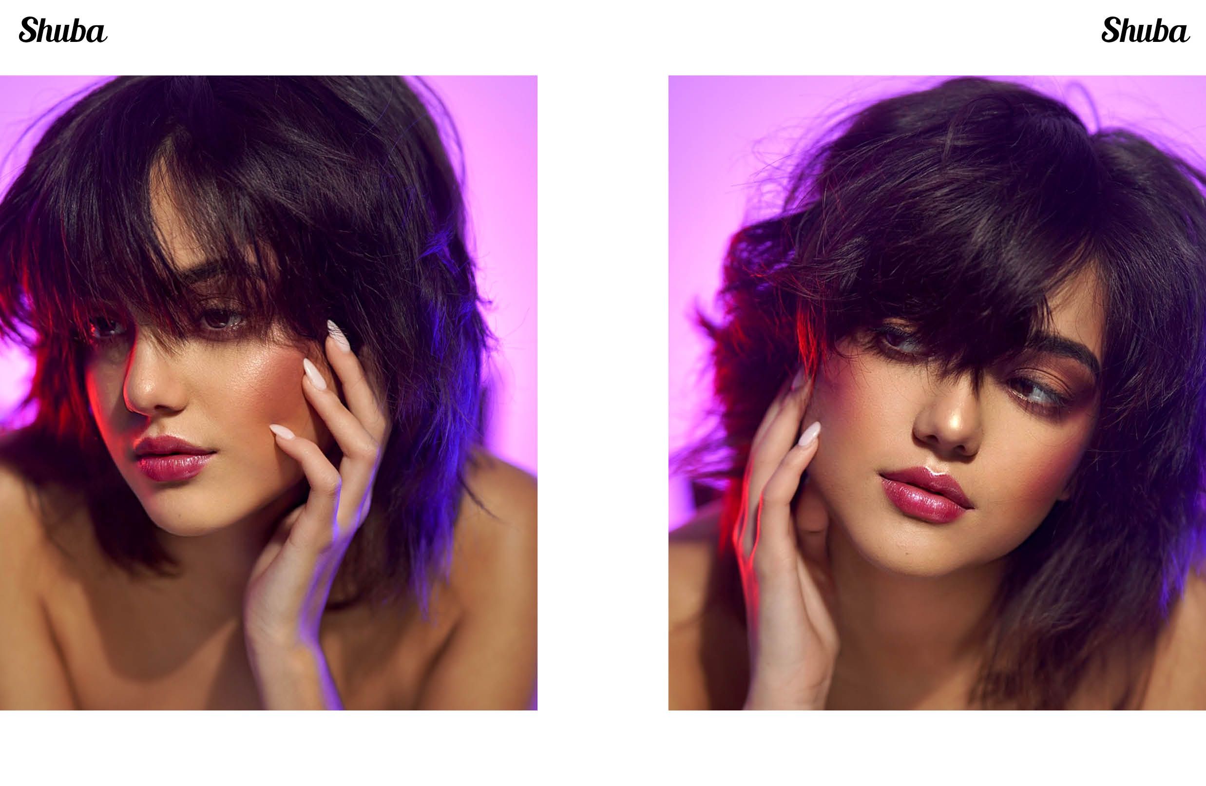 Close-up beauty shots with purple lighting highlighting glamorous makeup and styled hair.
