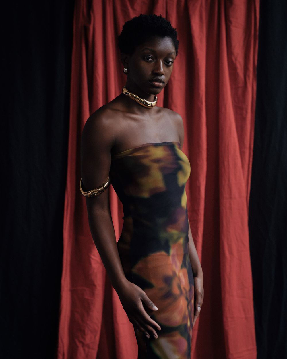 Fashion portrait against red curtain background featuring strapless printed dress and gold accessories.