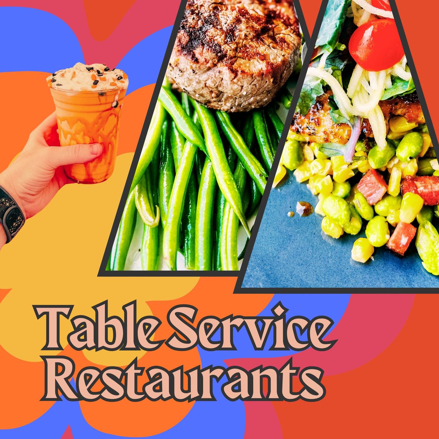 Table service restaurant plating with grilled meat, steamed green beans, colorful vegetable medley and ice cream dessert.