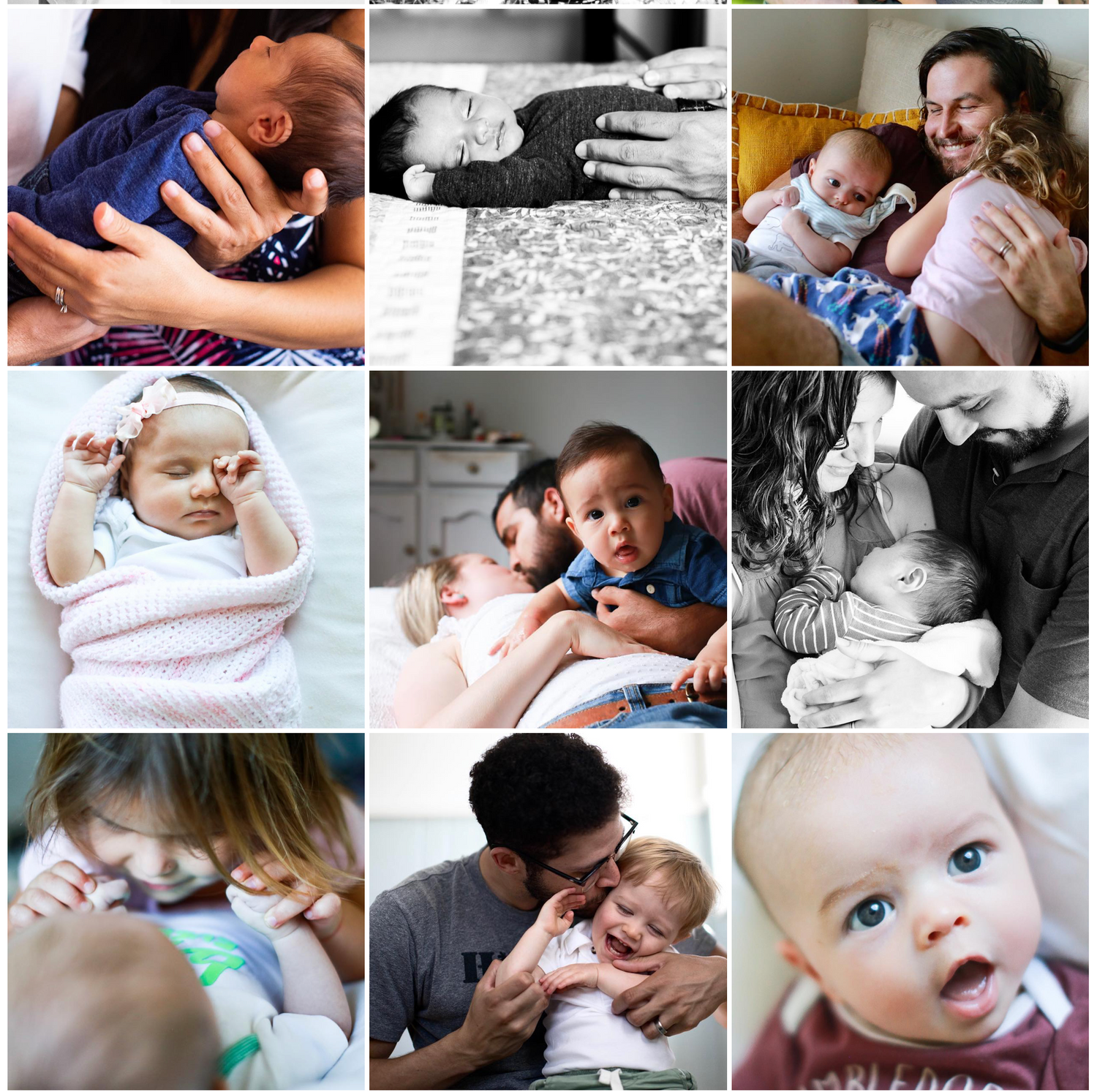 A collection of tender family moments captured in both color and black and white photographs.