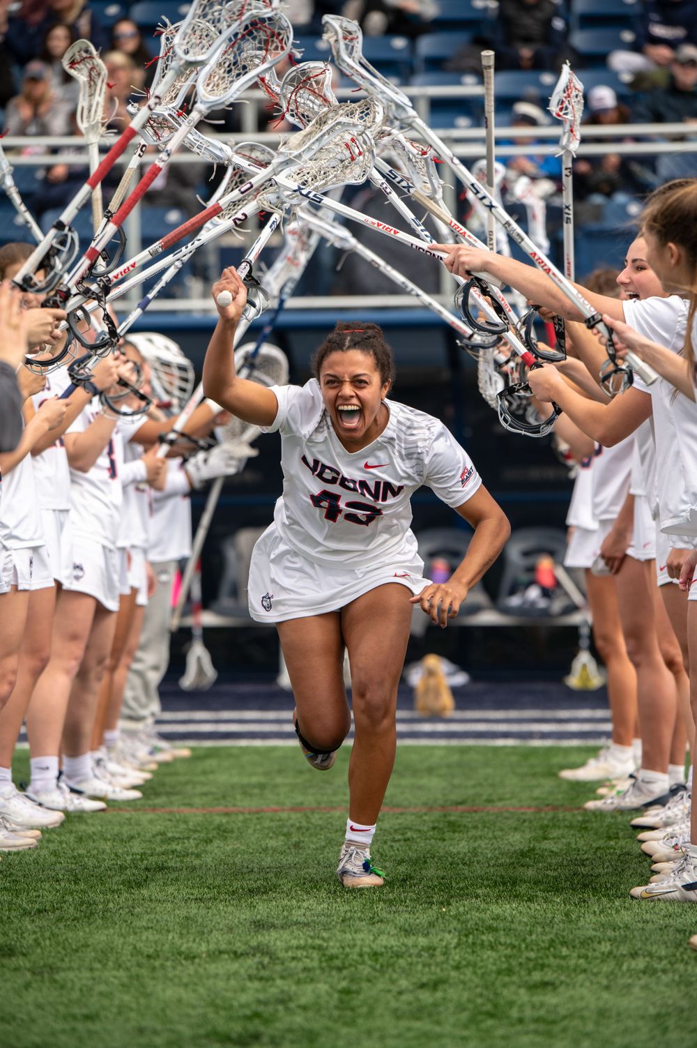 Athlete runs through tunnel of raised lacrosse sticks during sports celebration on field.