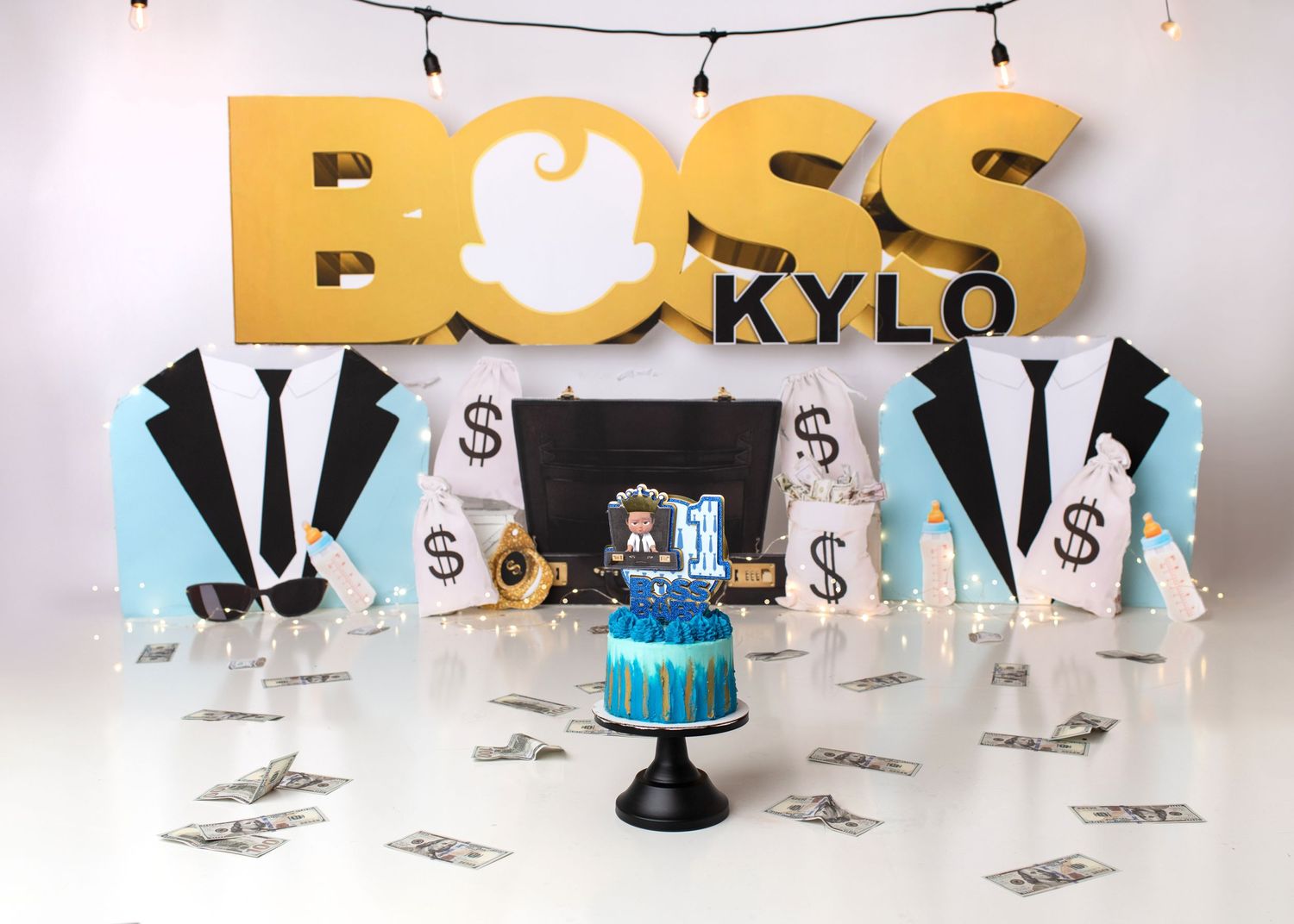 Boss baby inspired first birthday cake smash setup in Linden, New Jersey.
