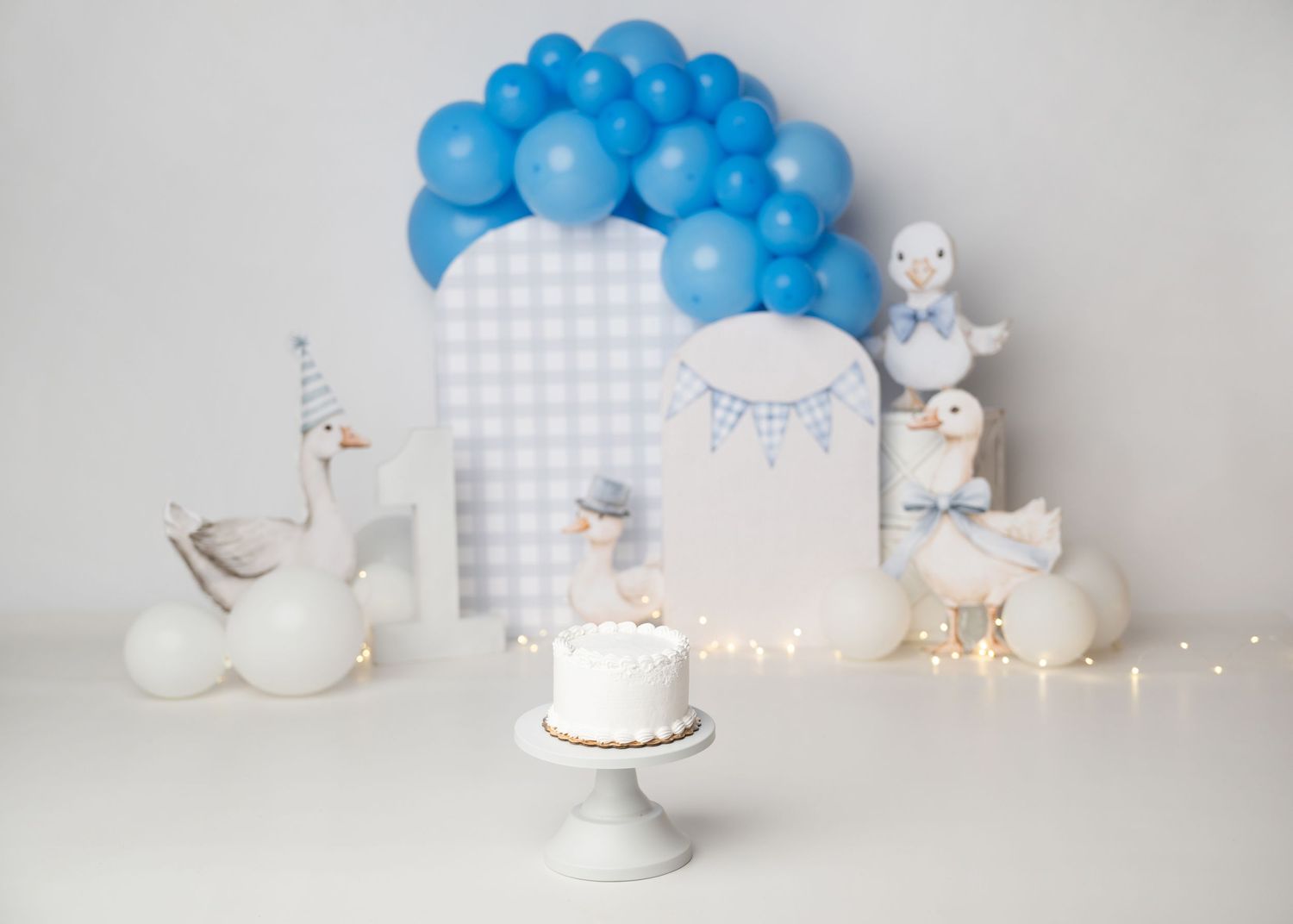 ONE silly good with Blue and white first birthday cake smash setup with balloon arch in Linden, New Jersey.