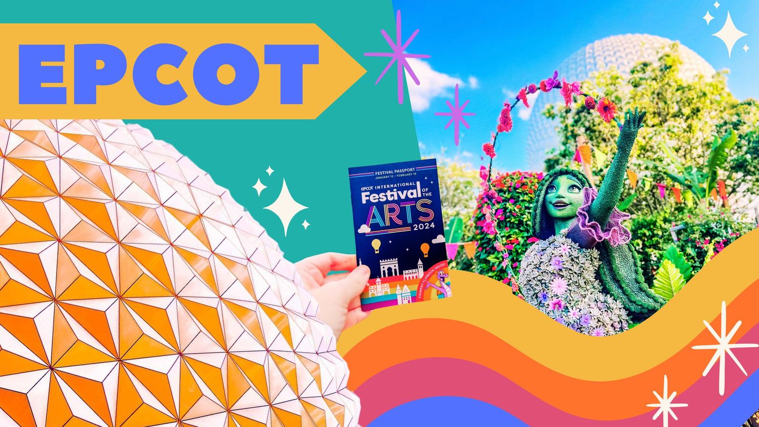Colorful digital artwork featuring EPCOT lettering with Disney theme park design elements and sparkles.