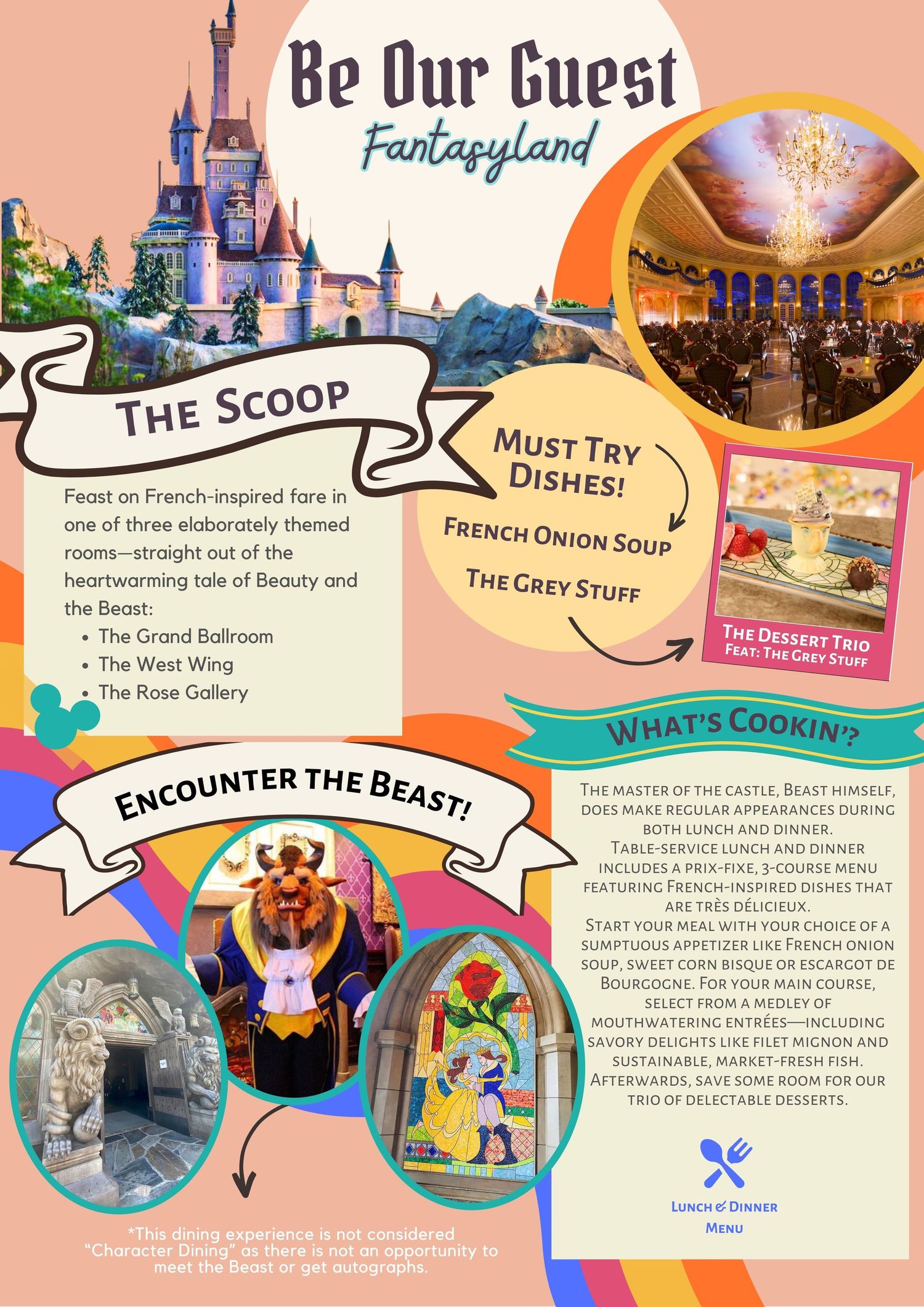 A colorful digital collage of Disney's Be Our Guest restaurant featuring menu items, dining areas, and themed decorations.