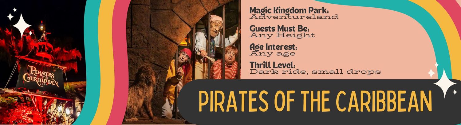 Pirates of the Caribbean animatronic figures on boat display with colorful rainbow decorative banner overhead at theme park.