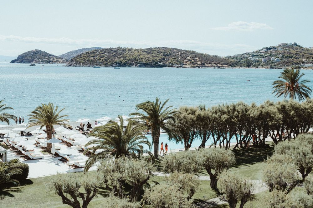 Scenic Mediterranean beach view with palm trees and coastline against blue water and mountains.