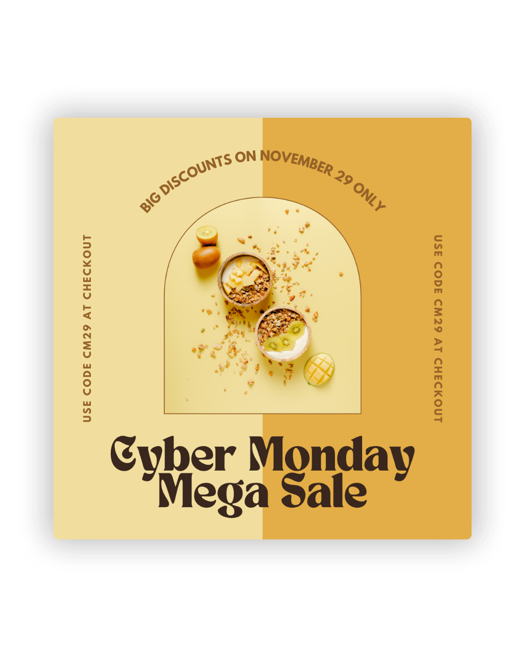 A stylized Cyber Monday sale banner with golden rings and scattered granules on cream-colored background with arch design.