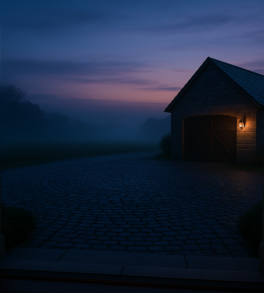 A wooden cabin glows warmly with light at dusk, silhouetted against a moody purple twilight sky.