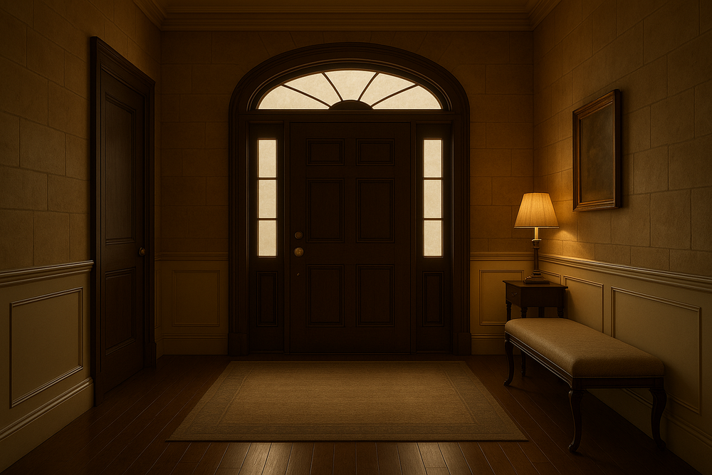 A dimly lit hallway in a classic Victorian-style home features ornate crown molding and wall trim with a window at the end.