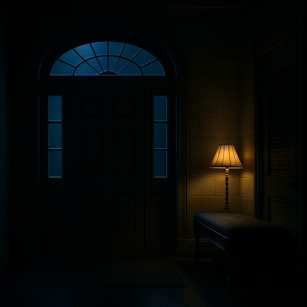 Dark interior room with dim lamp lighting casting warm glow through doorway and window arches at night.