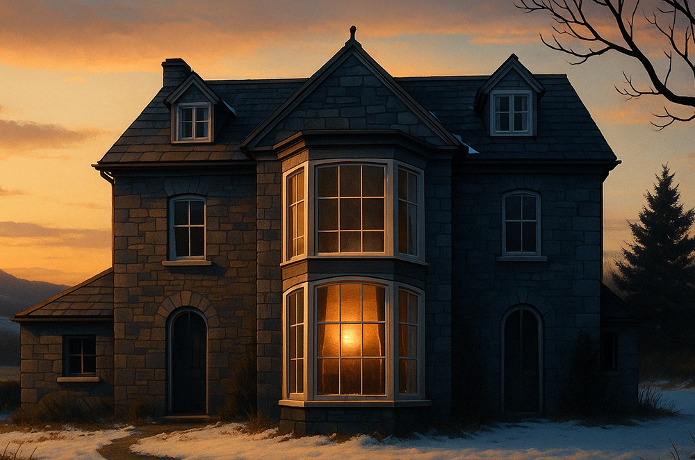 A Victorian stone mansion with a bay window silhouetted against a dramatic orange sunset sky in winter.