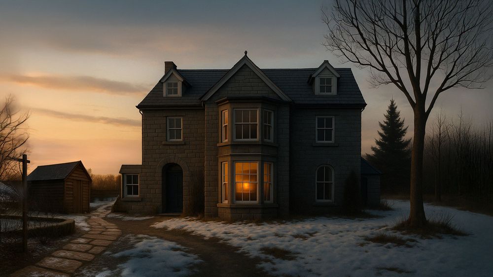 A rustic stone house glows warmly at twilight with snow on the ground and bare trees silhouetted against an orange sky.