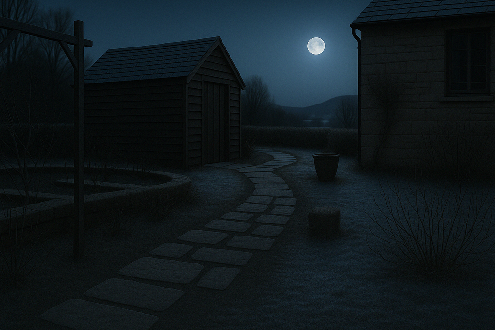 A moonlit stone path leads between rustic wooden cabins on a misty night in a mountain village.