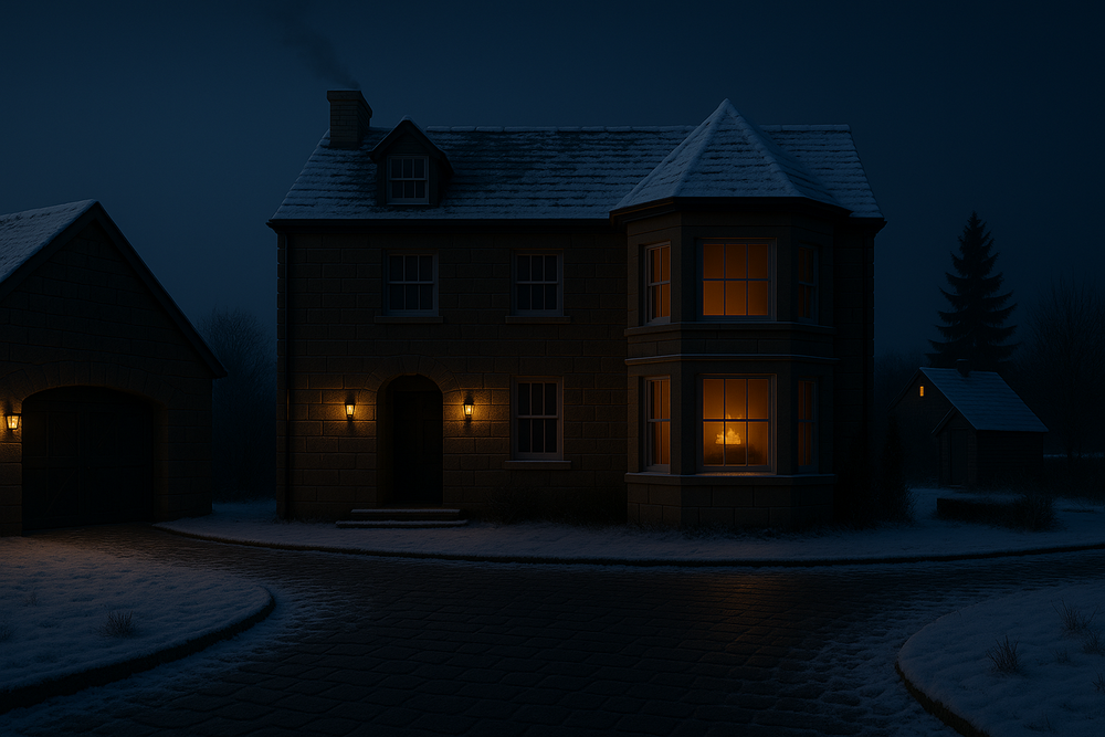 Illuminated house windows glow warmly against a dark winter evening with snow covering the landscape.