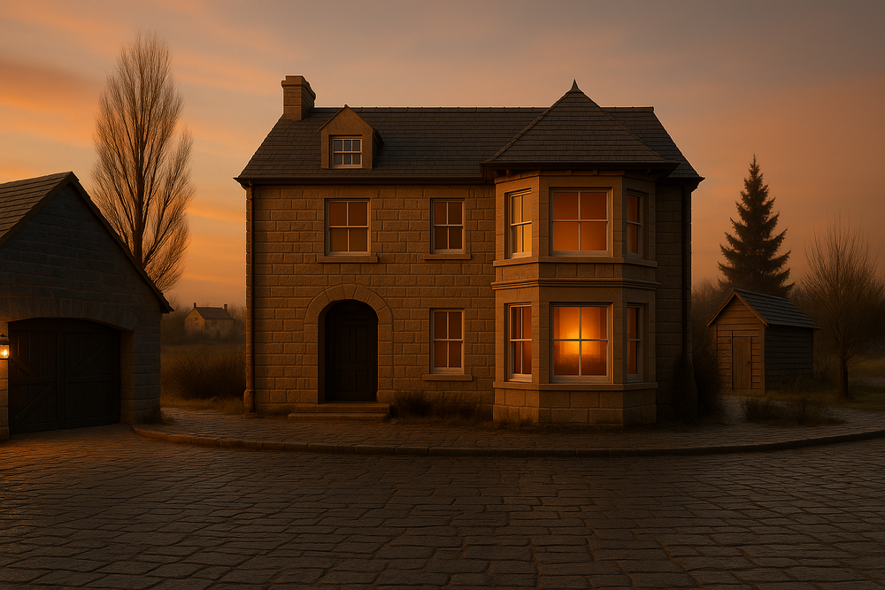 A rustic farmhouse with warm glowing windows silhouetted against a dramatic orange sunset sky in rural countryside.