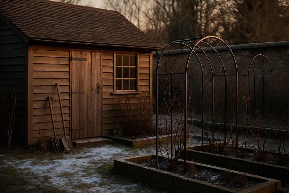 A rustic wooden garden shed with snow on the ground and metal garden arch trellis at dusk.