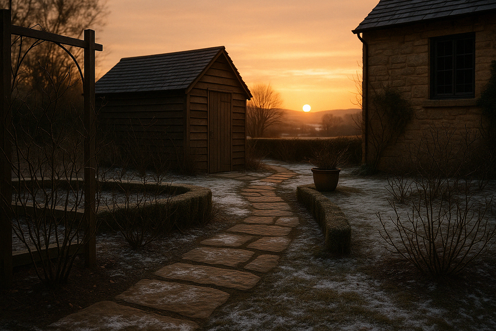 A stone pathway leads between rustic wooden buildings at sunset with snow on the ground and golden light in the sky.