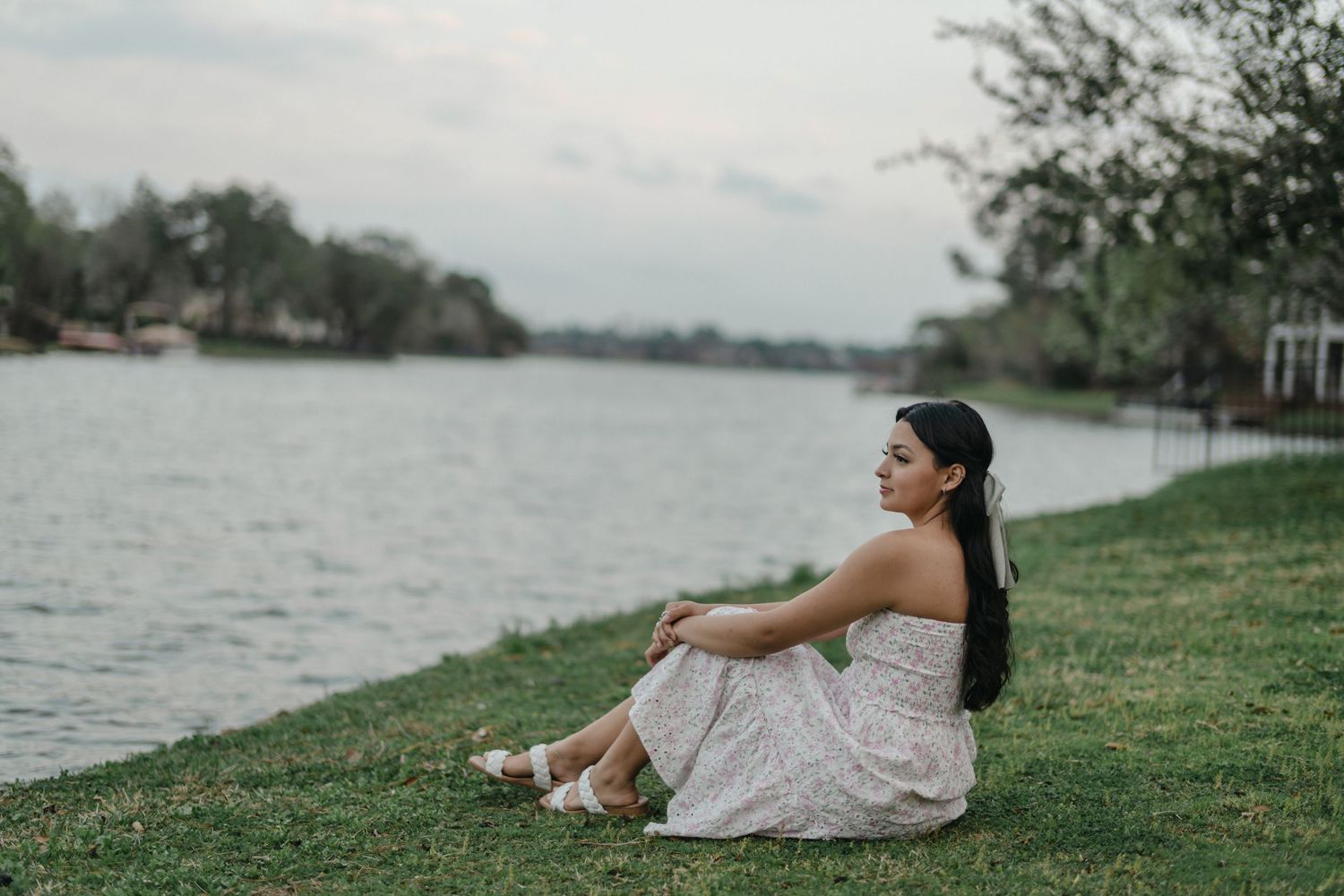 Peaceful lakeside moment captured against waterfront homes on a cloudy day.