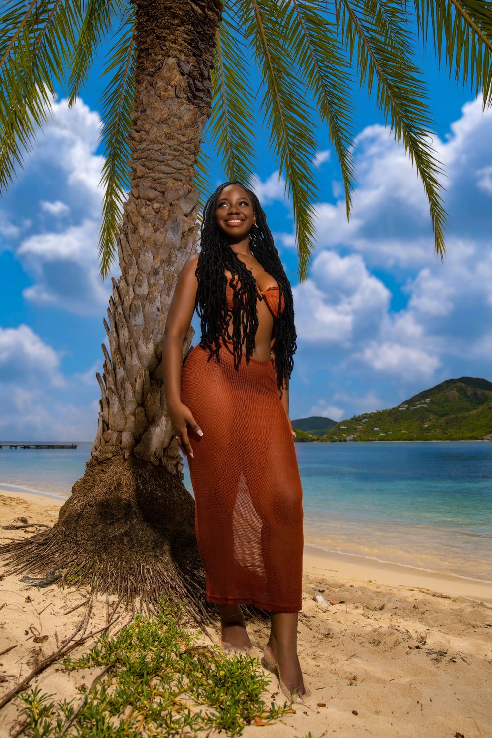 Beachside fashion shot under palm tree with turquoise water and mountains in background.
