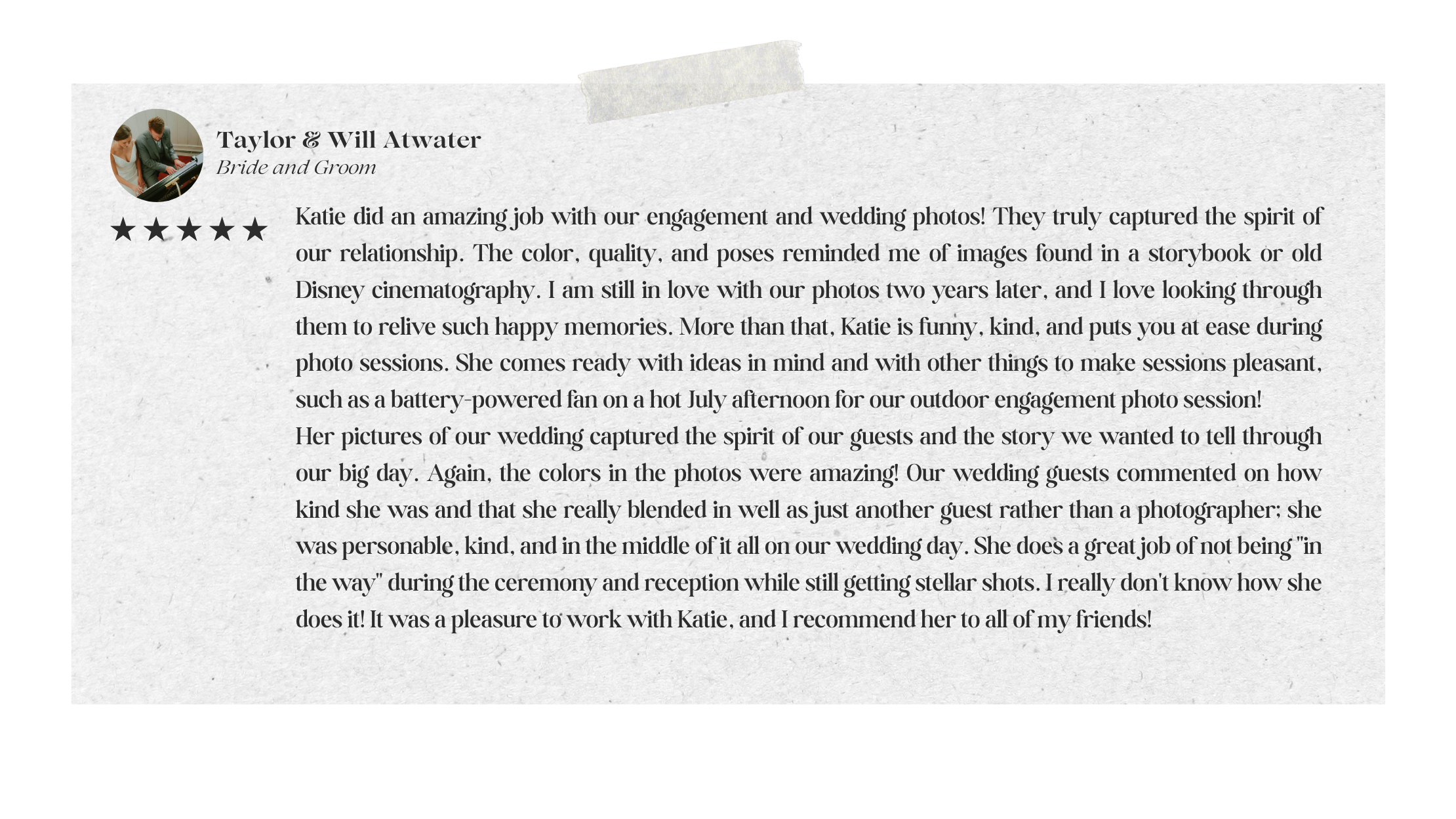 A screenshot of a five-star review showing positive feedback text on a light background with black text.