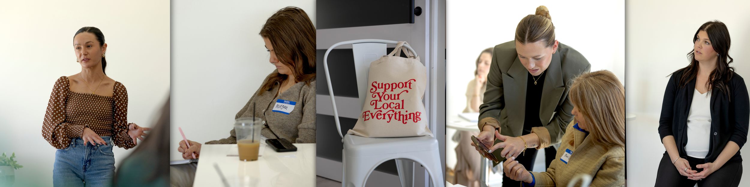 A series of five customer interaction scenes showing people in work settings and office environments.