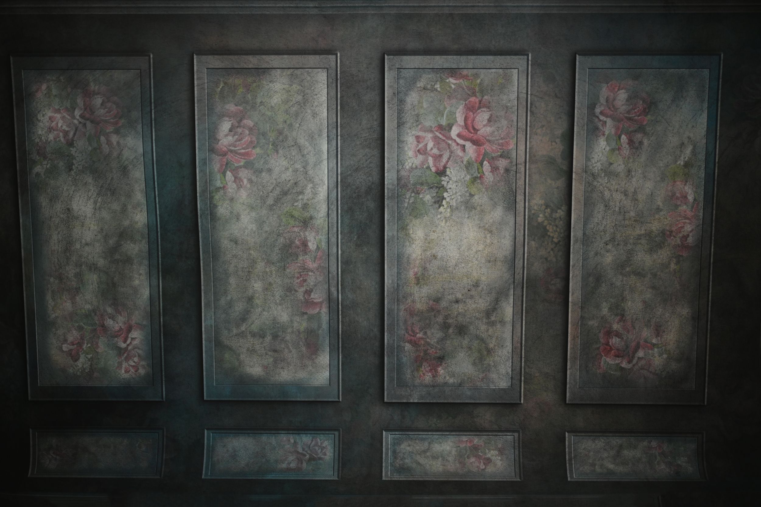 Vintage dark wood paneling with faded floral pattern backdrop.