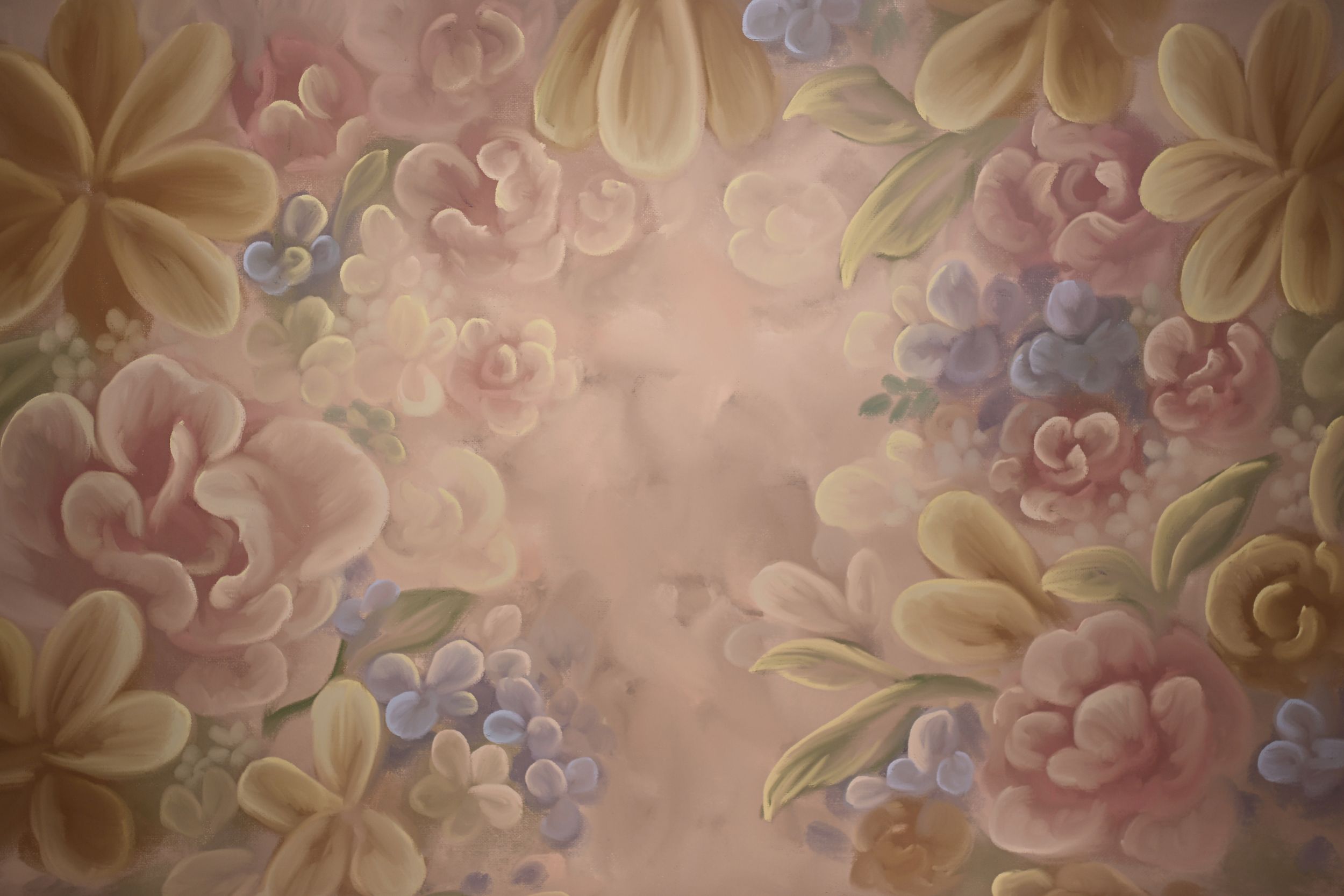 Soft pastel floral wallpaper background with pink roses and blue flowers.