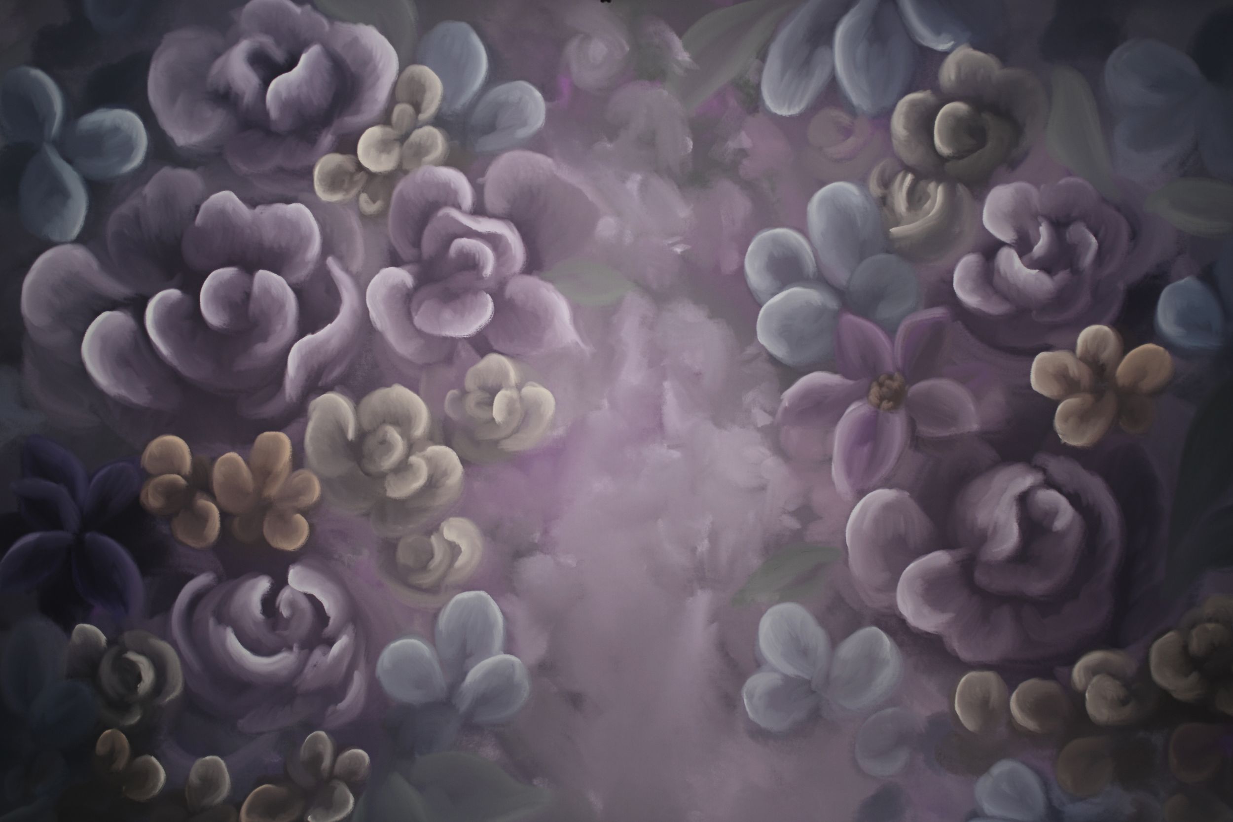 Abstract purple and blue floral pattern background with soft bokeh effect.