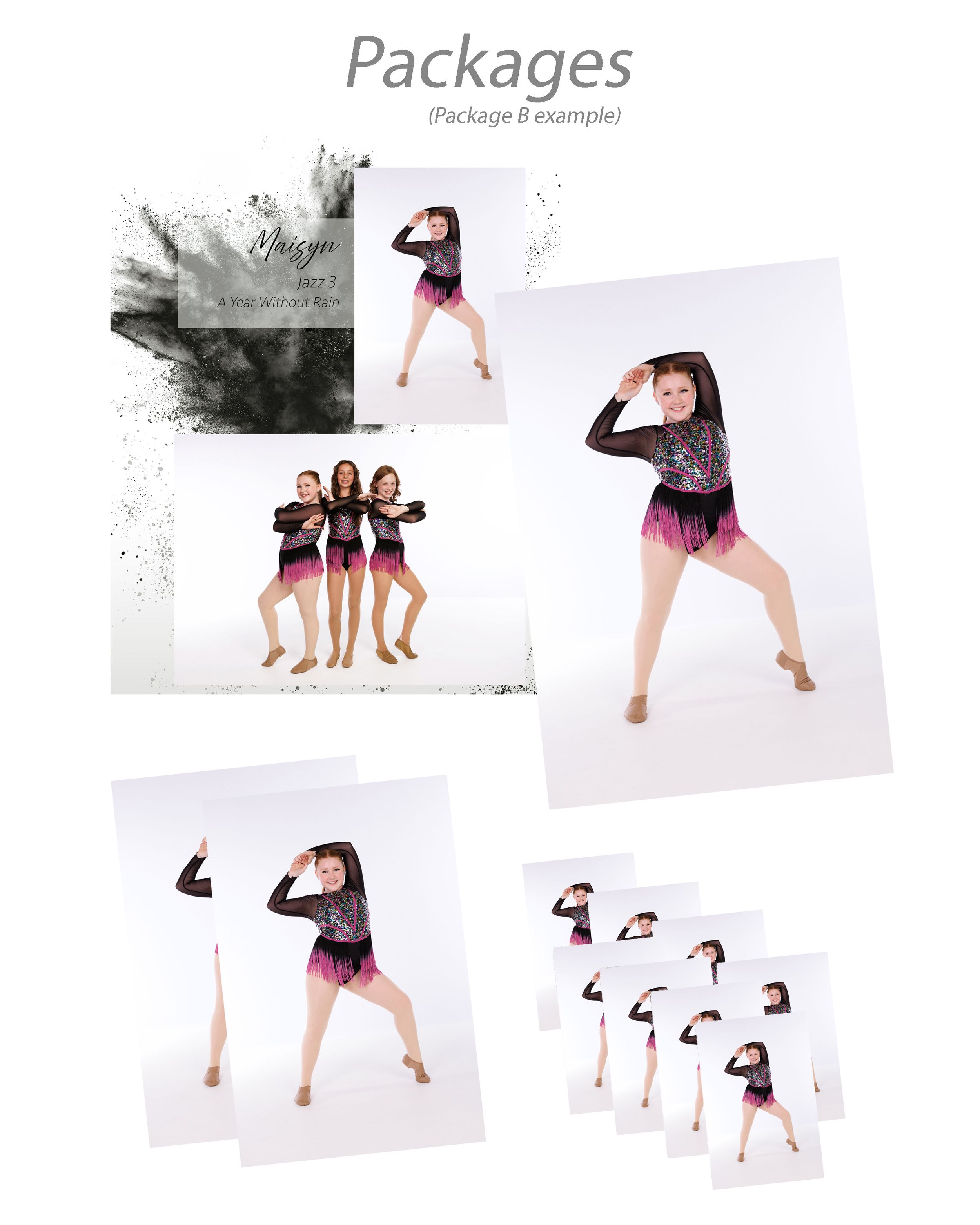 Dance photo collage showing various poses and formations in black outfits against white background.