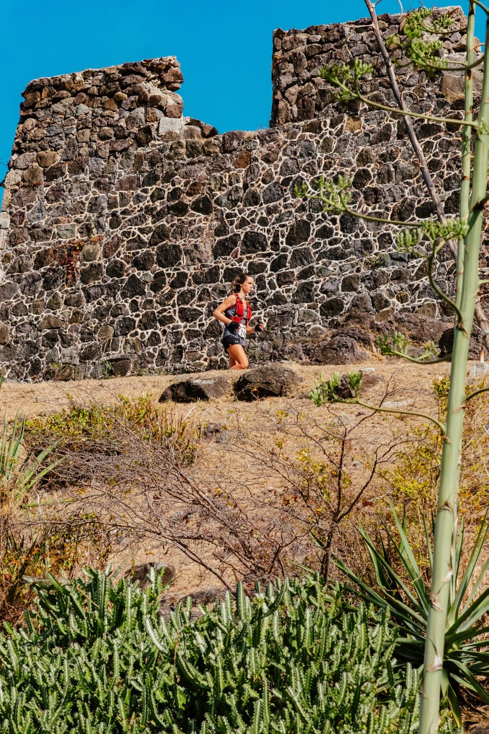 Runner jogs past ancient stone wall with desert plants and cacti in foreground against bright blue sky.