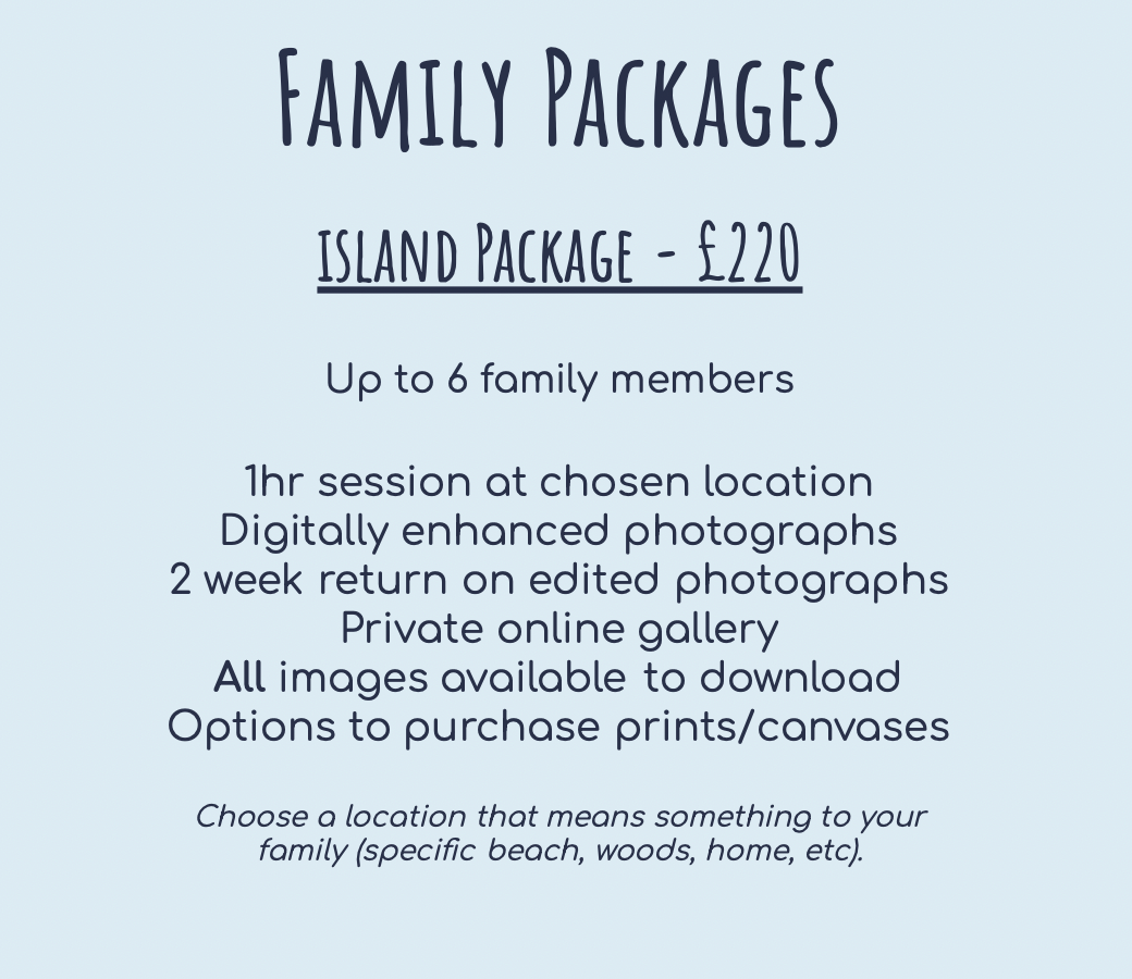 Photography pricing for Island Package showing family session details and unlimited image downloads for £220.
