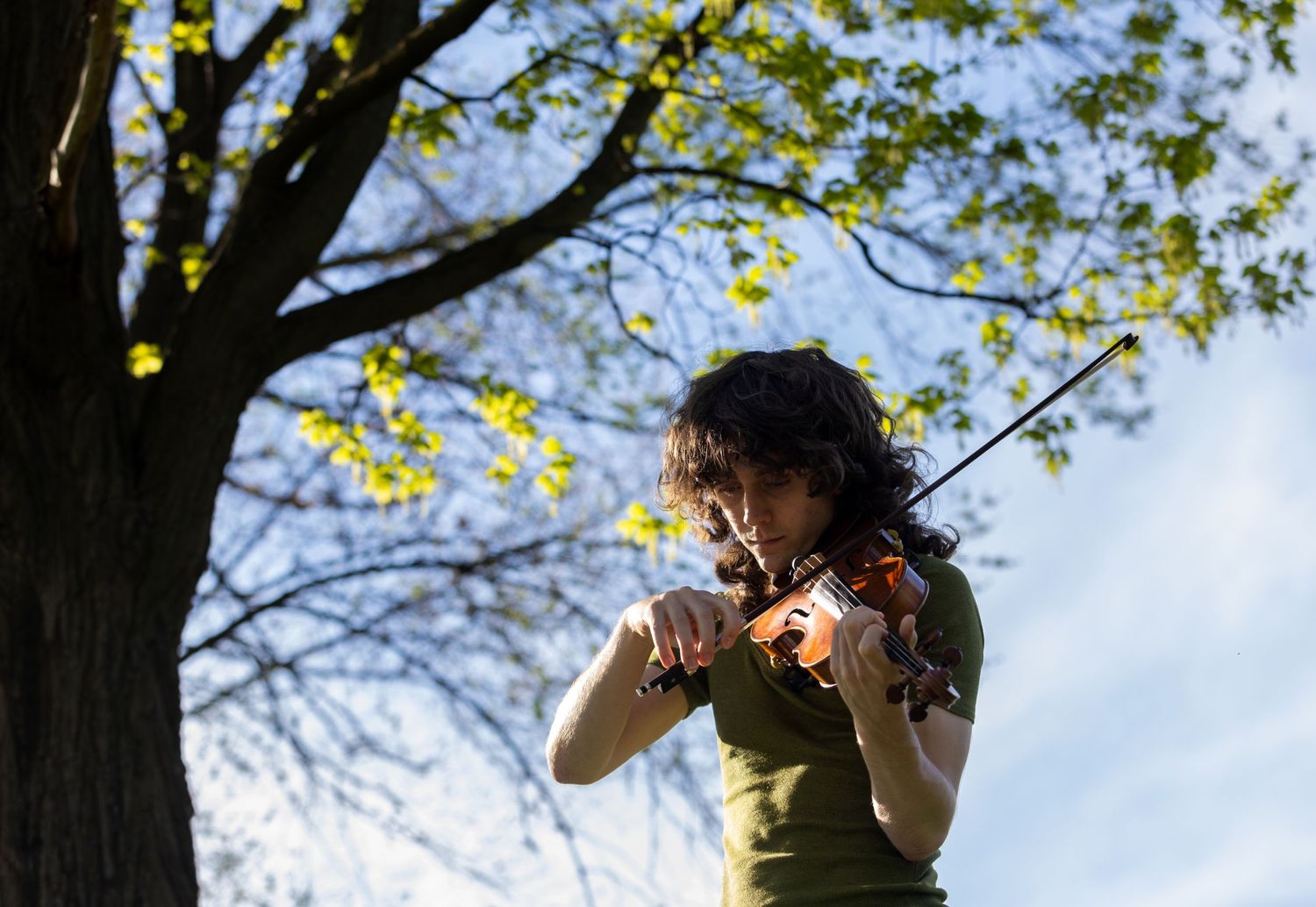 A violinist practices outdoors in front of a tree.