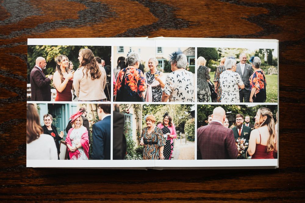 A collection of candid wedding reception photos arranged in a collage layout.