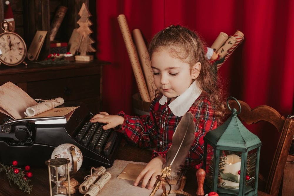 A child sits at a vintage desk with a typewriter and holiday decorations including a lantern and red curtain backdrop.