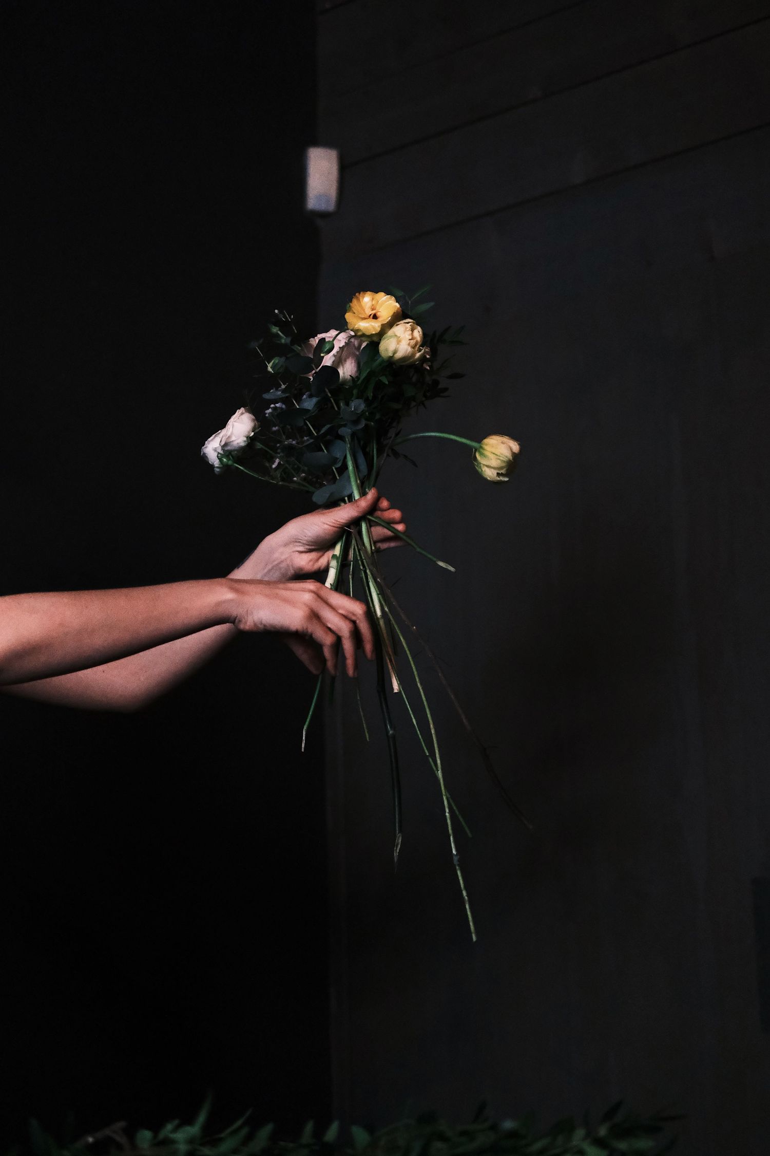 Hand holding delicate flowers against dark background in moody lighting.