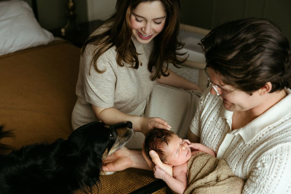 A couple shares an intimate moment with their baby while a black dog rests beside them on a couch.