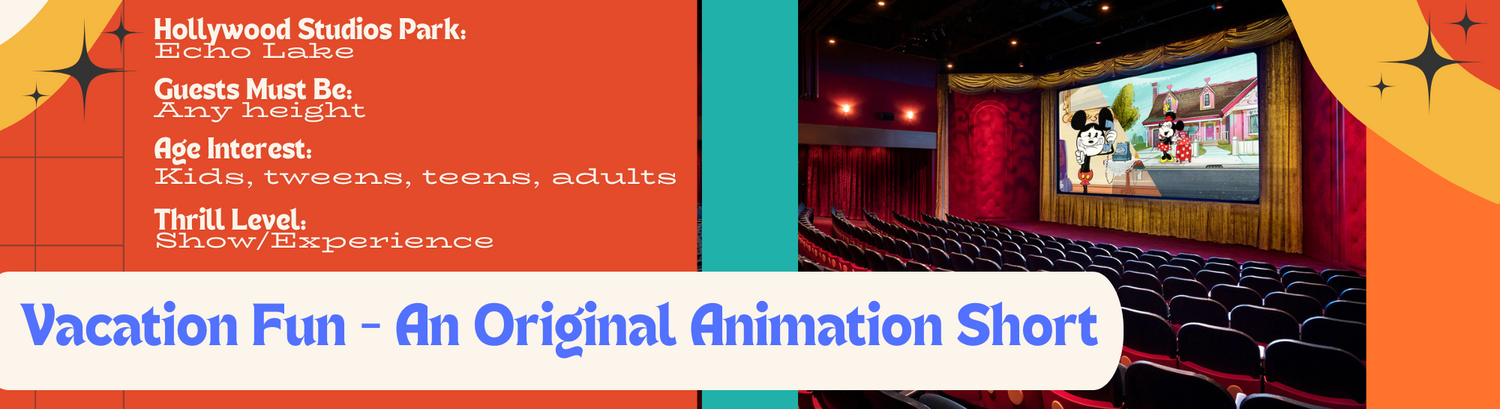 A movie theater interior shows a stage and screen with colorful orange and yellow walls and spotlights.