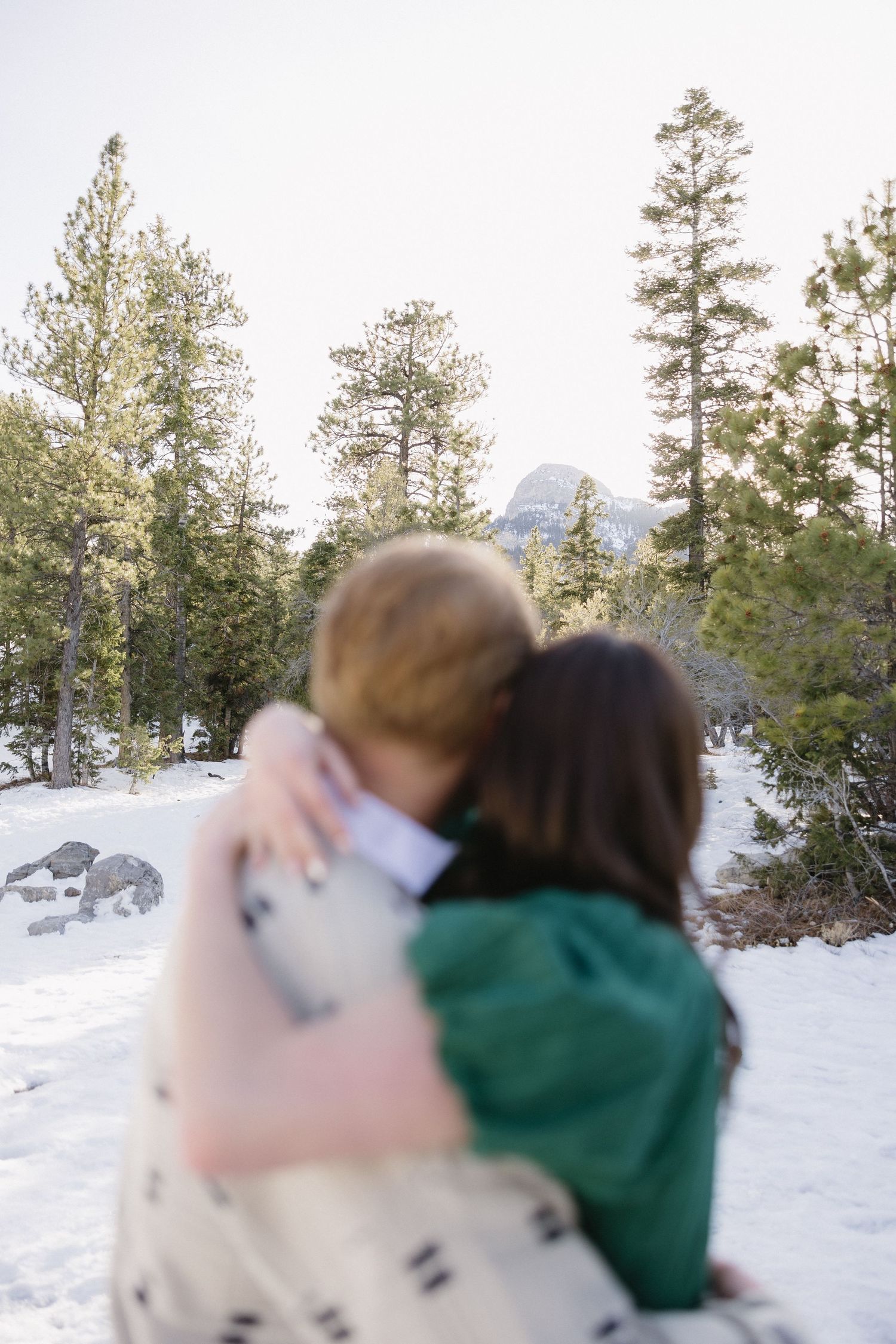 A couple embraces while looking at snowy mountains and pine trees in a romantic winter landscape.